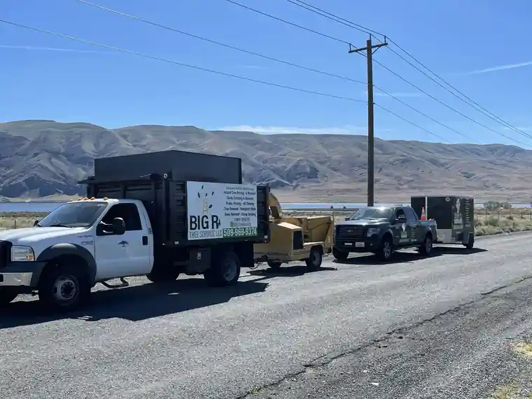 Big R's chip truck, chipper, pickup and trailer lined up on a road under the brown Yakima ridge