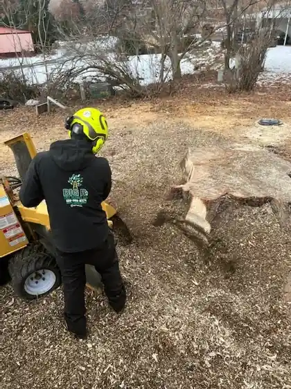 An operator in a Big R hoodie running a stump grinder in fresh chips
