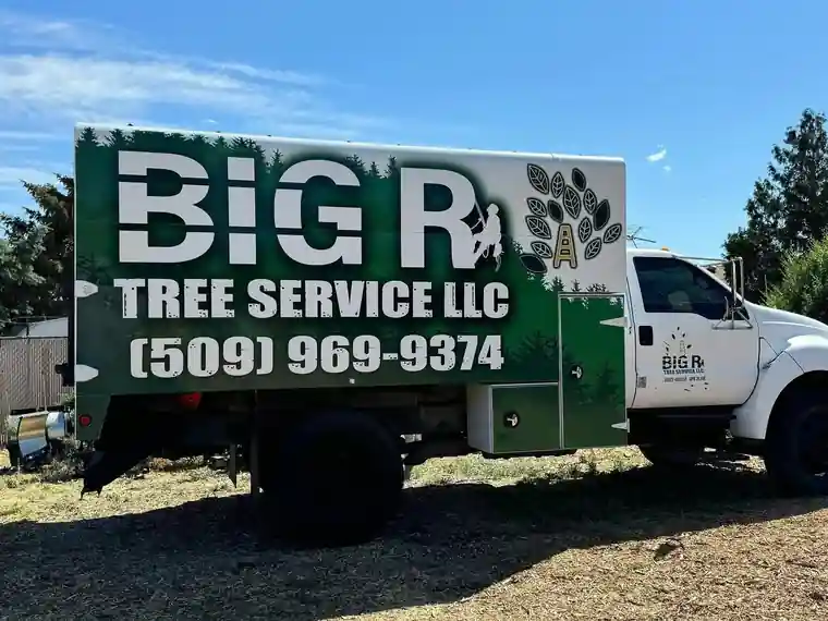 Big R's chip truck with the full BIG R TREE SERVICE LLC (509) 969-9374 box wrap